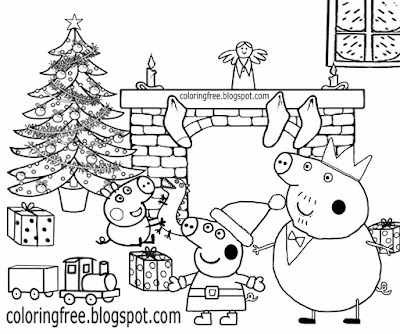 Xmas tree decorated fire place happy family home Peppa pig Christmas coloring pages toy train gift