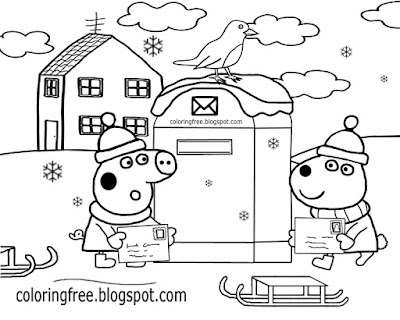 Easy preschool activity cute red robin bird winter scene post box Christmas Peppa pig coloring pages