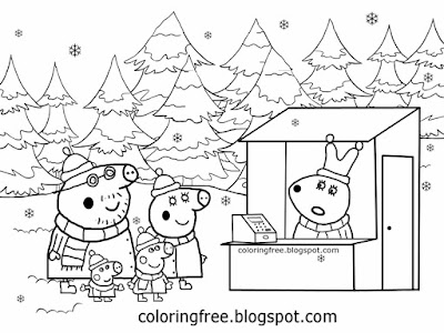 Winter woodland landscape miss rabbit Xmas tree shop Christmas Peppa pig coloring pages for children