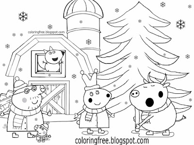 Cute kids simple drawing winter farm rabbit and bull Peppa pig Christmas colouring pages to print