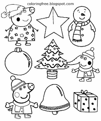 Xmas tree star and bell easy coloring Christmas images to print Peppa pig activities for early years