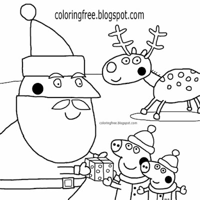 Charming red nose reindeer with Santa Claus cartoon Peppa pig Christmas colouring pages to colour in