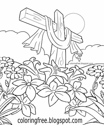 Beautiful holy cross of Jesus Easter flowers coloring pages for kids garden printable plant sketch