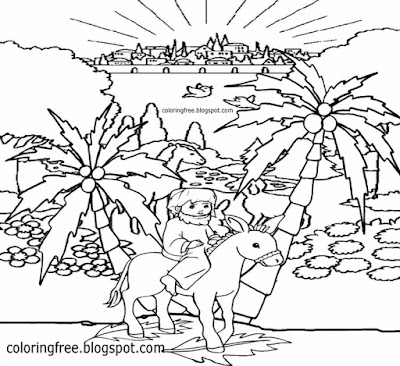 Palm desert city of Jerusalem drawing Jesus pretty donkey Palm Sunday coloring page Easter printable