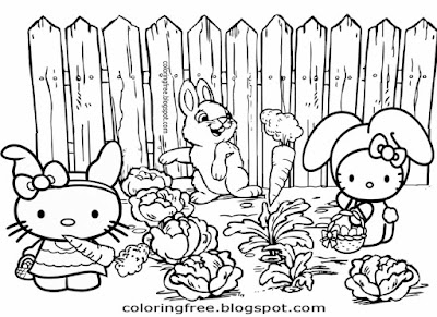 Farm carrot field cute bunny rabbit Easter coloring pages for teens printable Hello Kitty drawings
