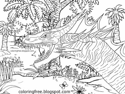 Flying Jurassic monster land of dinosaur prehistoric dragon printable coloring for kids to color in