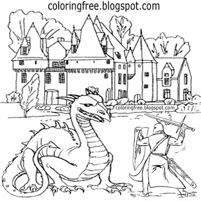Printable castle scenery magic dragon coloring for kids fantasy British knight picture drawing ideas