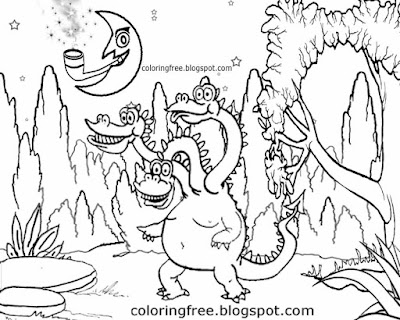 Three head monster cartoon dragon colouring pages older kids fantasy landscape drawing to print out