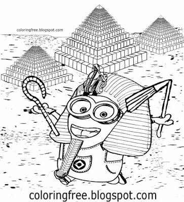 Cartoon Egyptian pyramid drawing Egypt Giza landscape pharaoh costume Minion coloring pages for kids