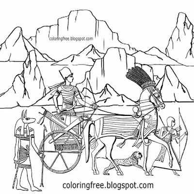 Giza Egypt pyramid landscape transportation kings chariot Egyptian pharaoh coloring page for teens