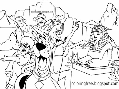 Funny cartoon mummies momentous landmark Egypt desert scenery drawing Egyptian Sphinx coloring pages