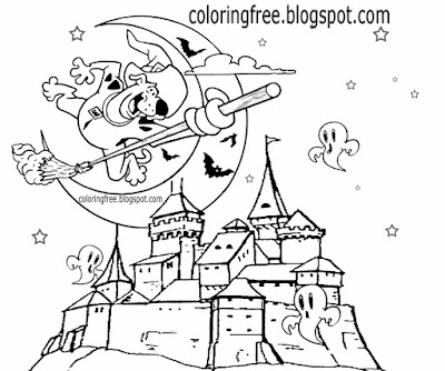 Clear sky moon witch cartoon Scooby Doo coloring pages haunted castle ghosts Halloween night drawing