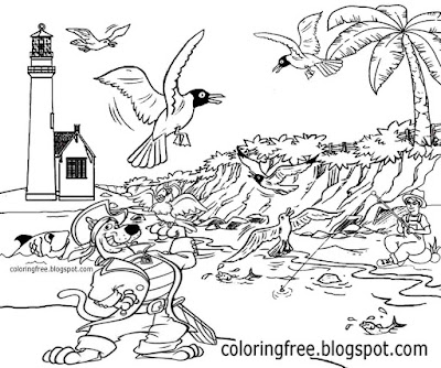 Printable shore sea pirate parrot bird Scooby Doo colouring eerie ghost ship port lighthouse sketch