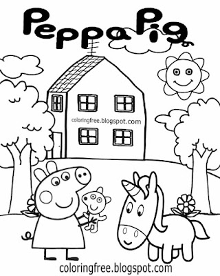 Printable cute cartoon unicorn and Peppa pig drawing easy coloring book pictures for young children