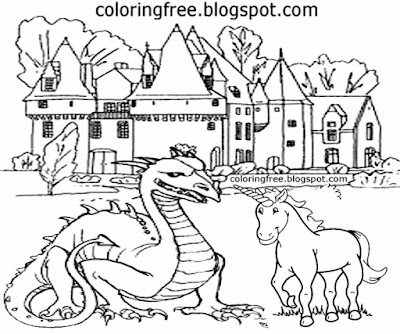Big old French castle dragon monster unicorn sketch mythical coloring in pictures older kids artwork