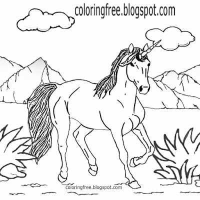 Cartoon imaginary landscape realistic drawing unicorn mythical colouring scrapbook pictures for kids