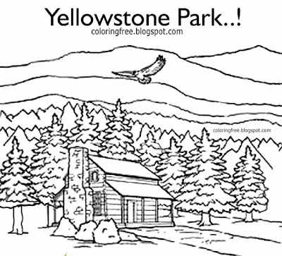 Vacation mountain log cabin Yellowstone park coloring page American wildlife printable for teenagers