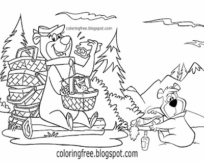 Family camping Yellowstone Yogi bear park picnic coloring sheets for children USA cartoon characters