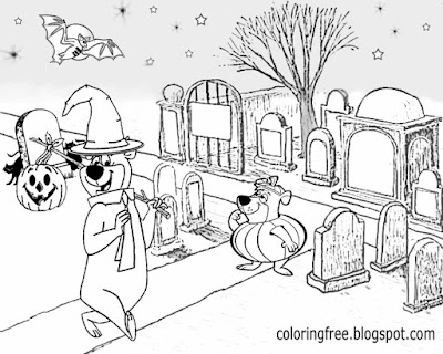 Jellystone Yogi Bear & Boo boo movie ghost coloring in page Halloween night kids cartoon characters