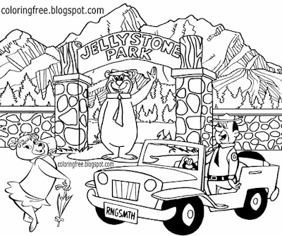 Cool water park ranger yogi bear campground location main entrance gate coloring sheet for children