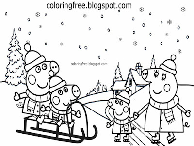 Xmas holiday sledge simple printable winter sport drawing Peppa pig Christmas coloring page activity