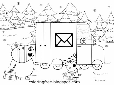 Easy drawing Xmas post van Mr. Zebra letter delivery winter card Christmas Peppa pig coloring pages