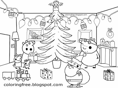 Happy kids drawing merry family party Peppa pig Christmas coloring pages tree decoration main room