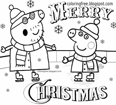 Cool fun skating playing on the ice rink simple drawing Peppa pig Christmas coloring pages for Pre K