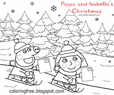 Girl Isabella cartoon drawing preschool coloring Peppa pig printable activities for Christmas season
