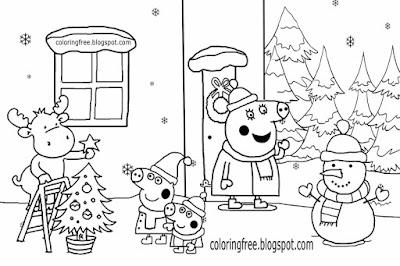 Xmas tree decor house of Peppa pig Christmas coloring pages snowman reindeer easy drawing for kids