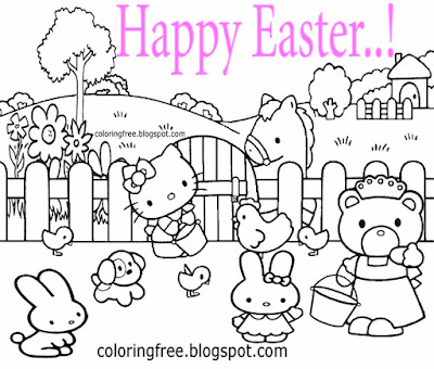 kids happy Easter egg illustration animals farmyard chicken and rabbits Hello Kitty colouring pages