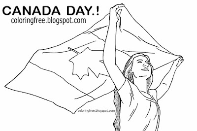 Printable Canada day coloring in pages beautiful Canadian girl drawings holding flying national flag