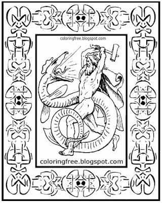 Norse clan of scary mystical idols coloring page Odin Viking god snake dragon Celtic artwork boarder