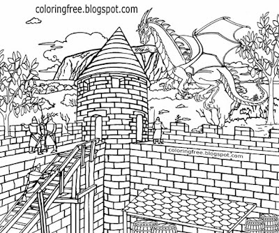 Old stronghold complex landscape prints medieval castle dragon flying coloring book pages for teens