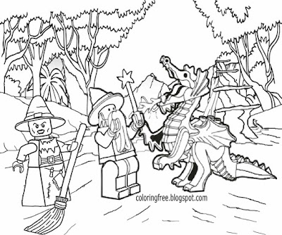 Easy fun kids fantasy drawing dark witch and magical wizard dragon Lego coloring book pages to print