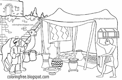 Busy city goods trade in Egypt old bazaar ancient Egyptian drawing Cairo market place coloring pages