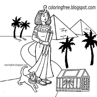 Gold regal treasure trunk Egyptian Pyramids of Giza pyramid drawing to color royal girl and cute cat