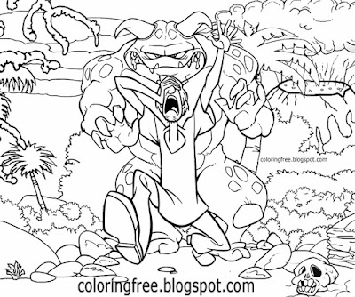 Erupting volcano landscape prehistoric monster drawing Shaggy and Scooby coloring pictures to print