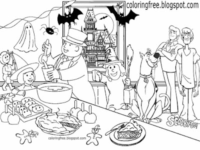 Kids cartoon drawing Shaggy and Scooby Doo coloring in happy Halloween party printable spooky Island