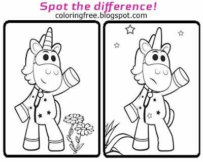Fun easy printable pictures spot the difference game unicorn activity coloring sheet for young kids