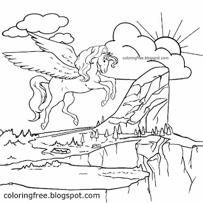 Kids wonderful dream realm magic land unicorn flying mythical animals Pegasus fantasy coloring pages