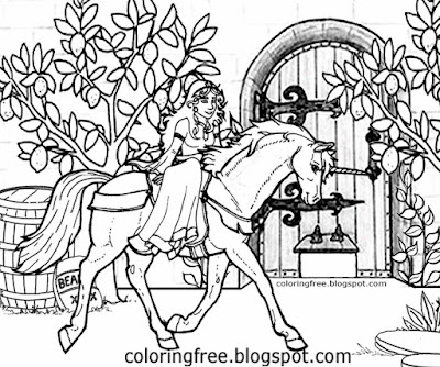 Printable medieval mythical coloring fantasy land castle door princess riding unicorn horse drawing