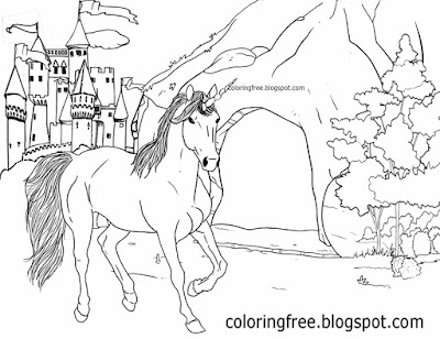 Fantasy land cave magic castle printable unicorn drawing mythical coloring book pictures for kids