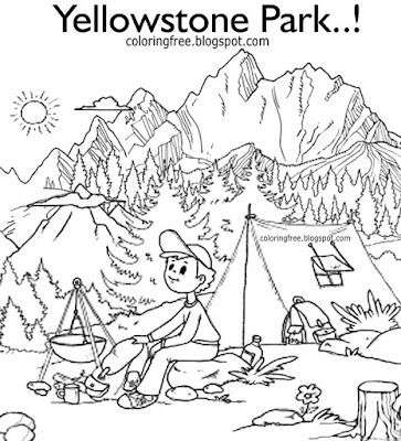 Montana outdoor vacation campsite in Yellowstone countryside camping coloring American kids drawings