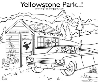 Clipart American car trip printable national park family holiday Yellowstone coloring books for kids