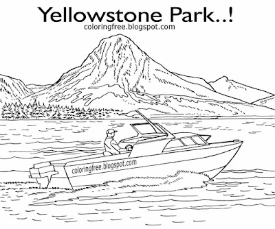 Lagoon realistic elk national park Yellowstone Lake vacation fishing boat coloring for American kids