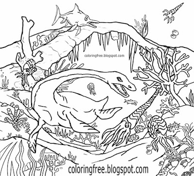 Long neck dinosaur prehistoric ocean bed floor under the sea creature coloring page for kids complex