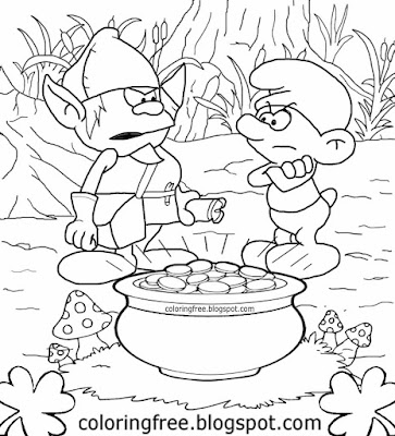 Cartoon magic pot of gold Irish leprechaun colouring pictures for kids Smurfs drawing mushroom woods