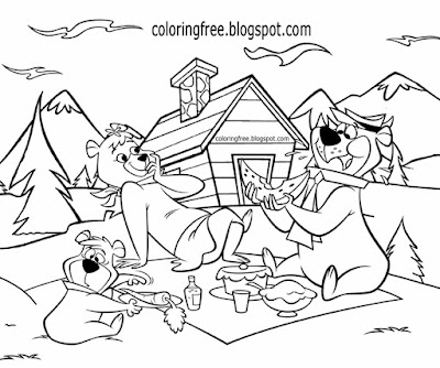 Free US kids coloring Yogi Bear sketch NP camping vacation natural countryside pleasant wooden cabin