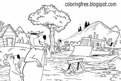 Woodland campsite landscape construction boys drawing kids US cartoon Yogi Bear coloring book pages